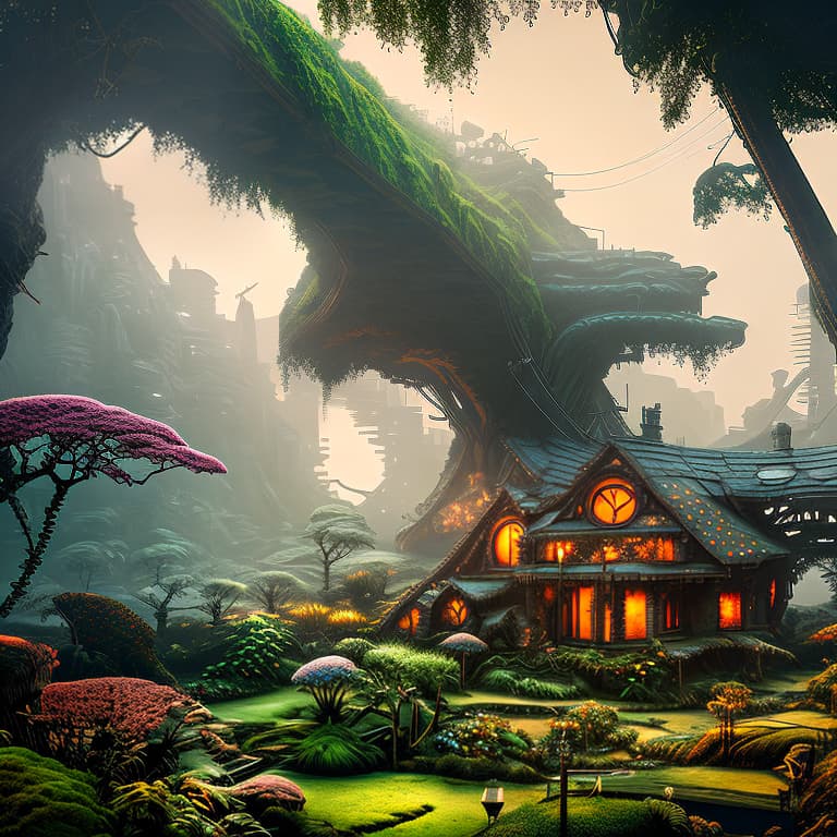 nvinkpunk 8k resolution, (((Mosscore))), ((cozy, inviting)), Decopunk, Fairycore, art-nouveau Mossy (((Hobbit-House Treehouse))) in ((Twin Peaks)) !!! digital illustration, polished, psychadelic, matte painting trending on Artstation, [[[blur], [blurry], [unbalanced] [undeveloped] [high contrast], [soft edges]]] hyperrealistic, full body, detailed clothing, highly detailed, cinematic lighting, stunningly beautiful, intricate, sharp focus, f/1. 8, 85mm, (centered image composition), (professionally color graded), ((bright soft diffused light)), volumetric fog, trending on instagram, trending on tumblr, HDR 4K, 8K