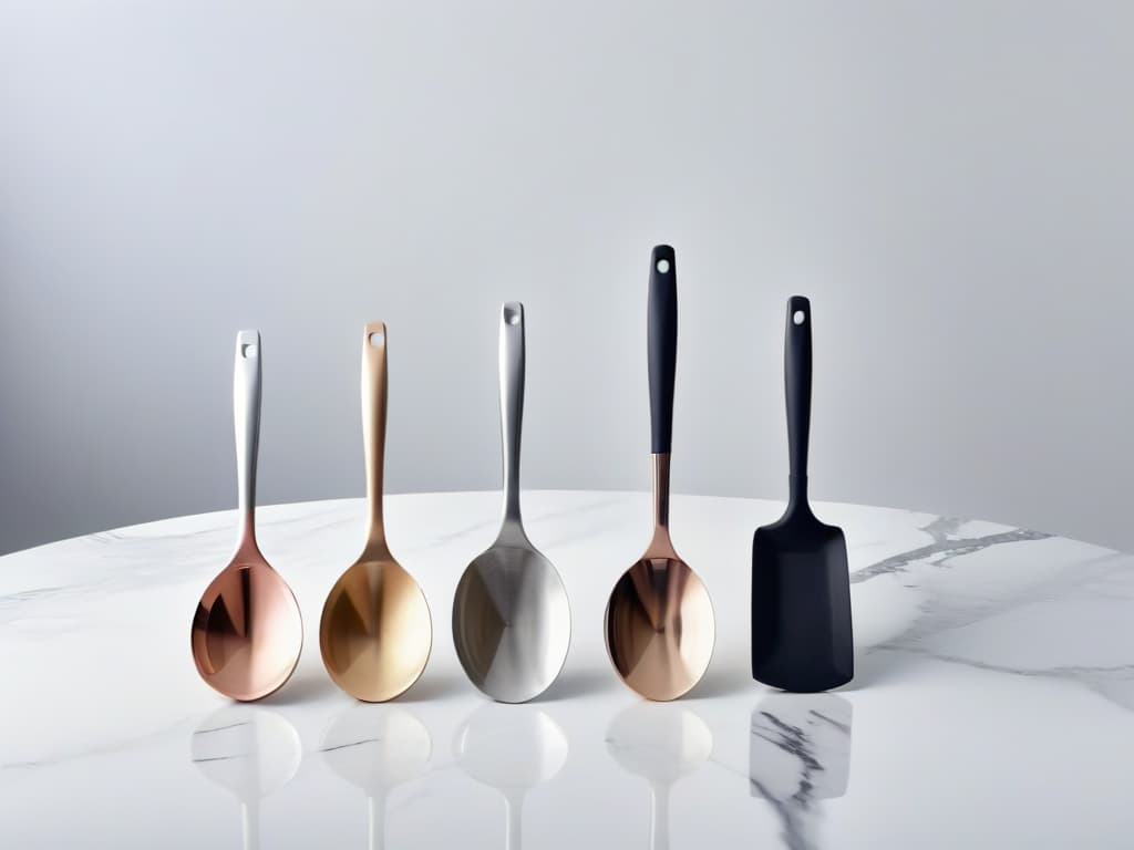  An ultradetailed, 8k image of three sleek, highend spatulas lined up on a marble countertop. Each spatula is a different color one silver, one rose gold, and one matte black. The spatulas gleam under soft, natural lighting, showcasing their elegant design and impeccable craftsmanship. The subtle shadows cast by the spatulas create a visually striking composition, emphasizing their luxurious appeal in a minimalist setting. hyperrealistic, full body, detailed clothing, highly detailed, cinematic lighting, stunningly beautiful, intricate, sharp focus, f/1. 8, 85mm, (centered image composition), (professionally color graded), ((bright soft diffused light)), volumetric fog, trending on instagram, trending on tumblr, HDR 4K, 8K