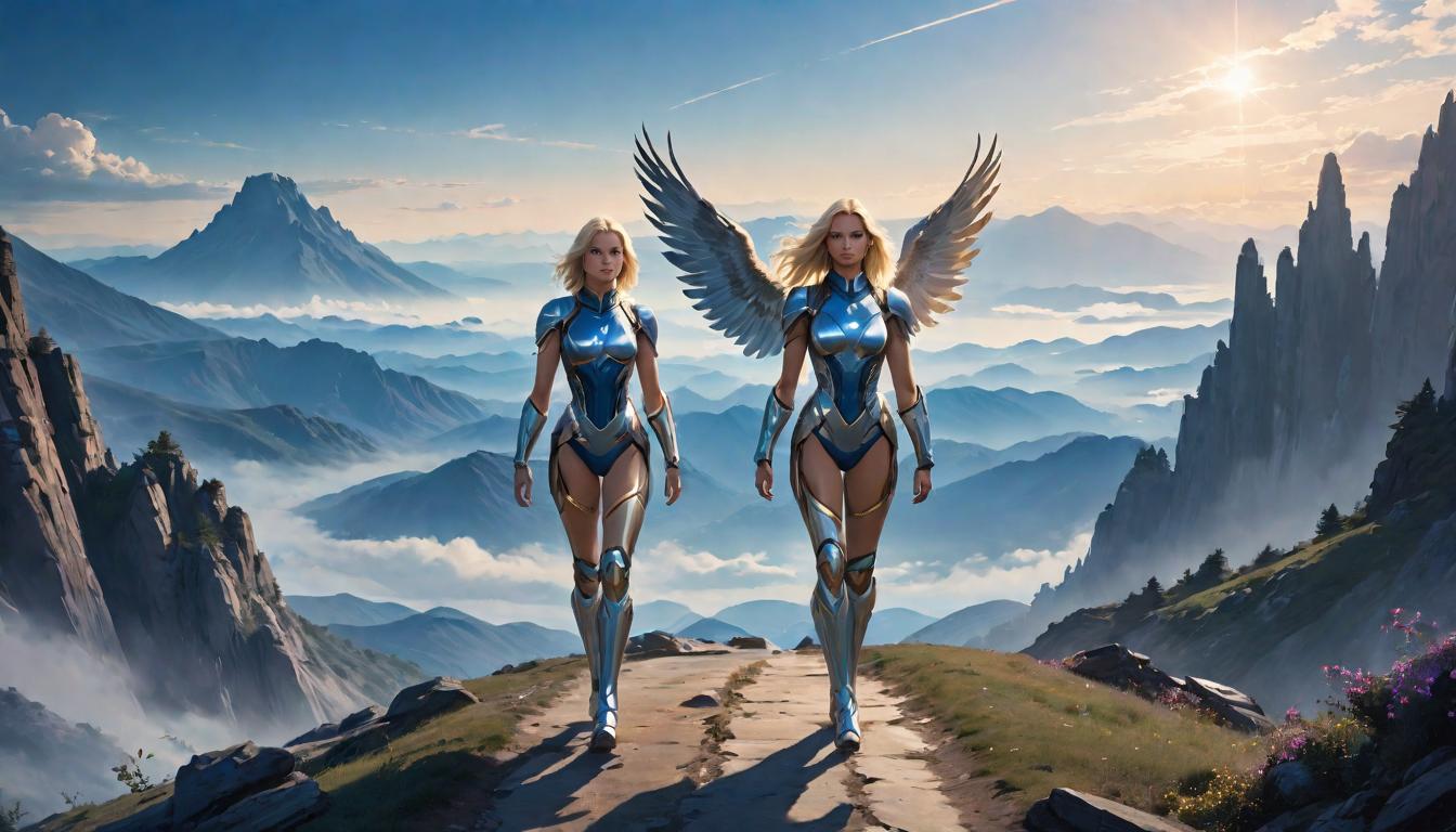  2girls, large busted attractive blonde and brunette arian female humanoids, walking together on a spiraling path upwards a mountain. Ethereal light at the peak, symbolizing spiritual growth. Majestic eagles soaring above, deep blue sky, journey of companionship and inner discovery., high tech clothing clad in sleek, futuristic costume with metallic accents and form fitting designs, marvel superhero comics style, unreal engine rendering