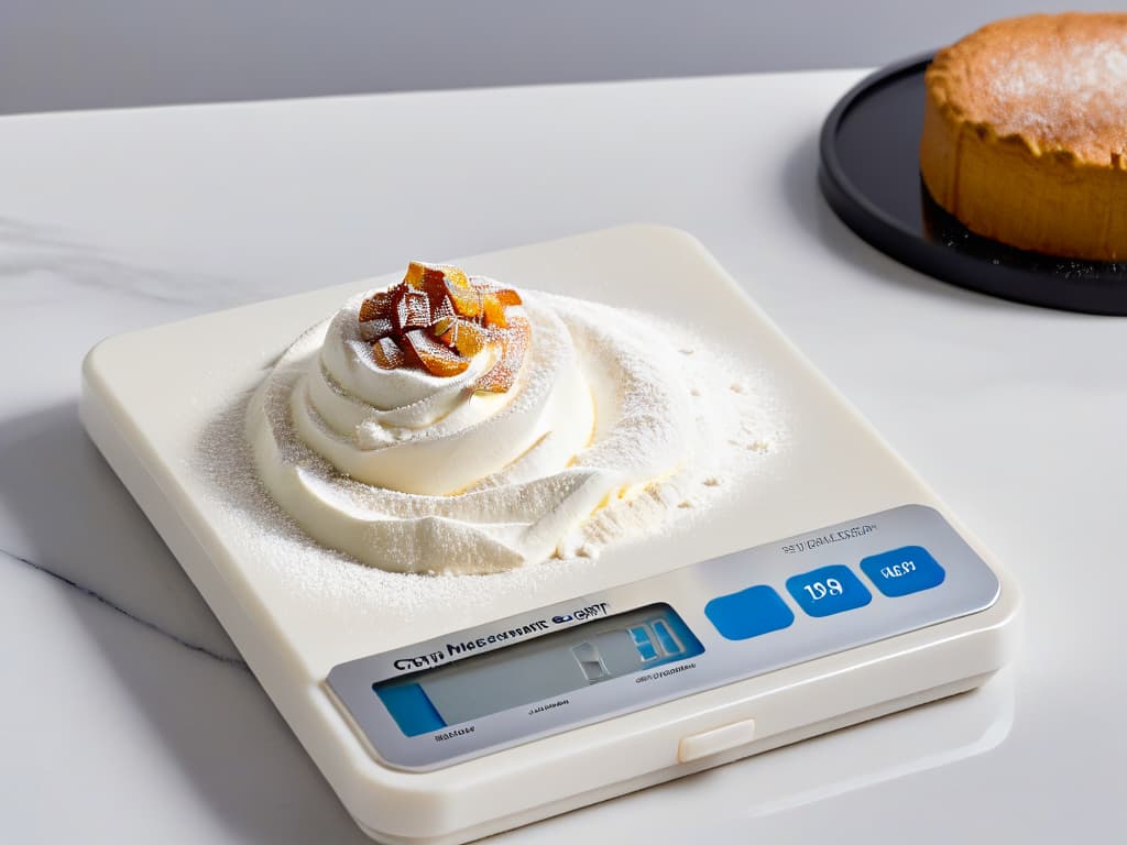  A closeup, highresolution image of a sleek, modern digital kitchen scale displaying precise measurements of flour and sugar. The scale is set on a light marble countertop, with soft natural light illuminating the scene, casting gentle shadows. The digits on the scale are crystal clear, showcasing the accuracy and precision essential in pastry making. The minimalist composition highlights the importance of precise measurements in reducing waste and achieving perfection in baking. hyperrealistic, full body, detailed clothing, highly detailed, cinematic lighting, stunningly beautiful, intricate, sharp focus, f/1. 8, 85mm, (centered image composition), (professionally color graded), ((bright soft diffused light)), volumetric fog, trending on instagram, trending on tumblr, HDR 4K, 8K