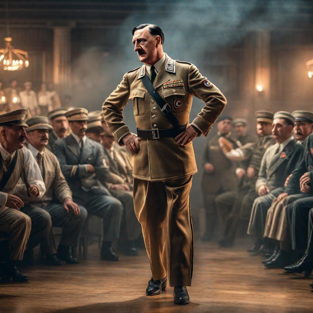  Hitler bailando marinera hyperrealistic, full body, detailed clothing, highly detailed, cinematic lighting, stunningly beautiful, intricate, sharp focus, f/1. 8, 85mm, (centered image composition), (professionally color graded), ((bright soft diffused light)), volumetric fog, trending on instagram, trending on tumblr, HDR 4K, 8K