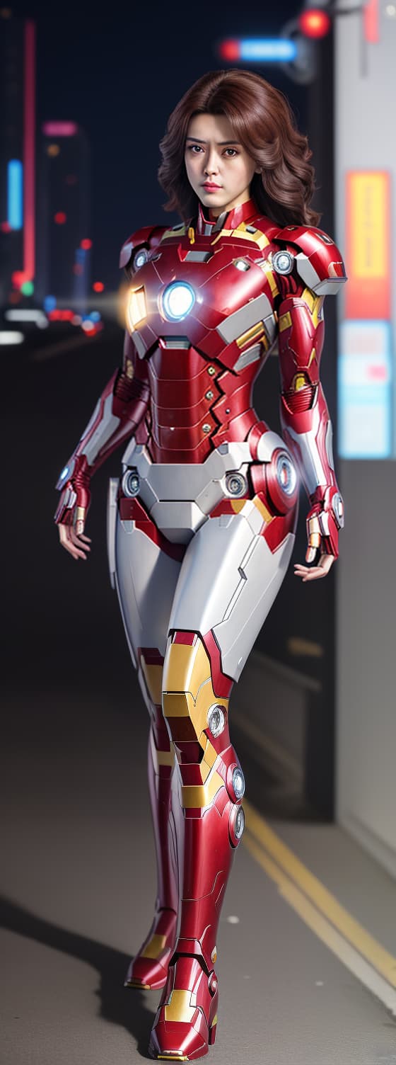  masterpiece, best quality, masterpiece, 8k resolution, realistic, highly detailed, Iron Man close up. He stands on a street lined with tall buildings in a cyberpunk style city at night. The city's night lights are bright, and the surrounding buildings and streets are full of cyberpunk elements such as neon lights, high tech equipment and futuristic architectural design.