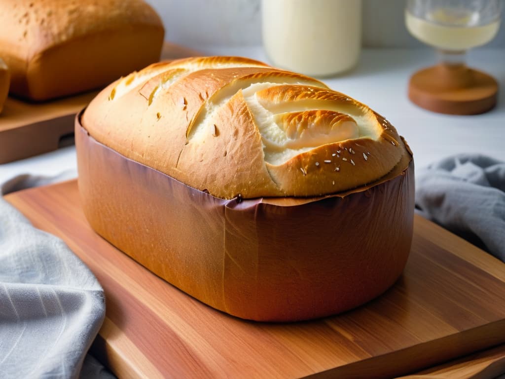  A minimalistic yet captivating image of a freshly baked, golden coconut oilinfused loaf of bread cooling on a rustic wooden cutting board. The bread has a perfect crust, with steam gently rising, showcasing its fluffy texture. The background is softly blurred, emphasizing the simplicity and elegance of the baked goods, inviting the viewer to imagine the delightful aroma and taste. hyperrealistic, full body, detailed clothing, highly detailed, cinematic lighting, stunningly beautiful, intricate, sharp focus, f/1. 8, 85mm, (centered image composition), (professionally color graded), ((bright soft diffused light)), volumetric fog, trending on instagram, trending on tumblr, HDR 4K, 8K