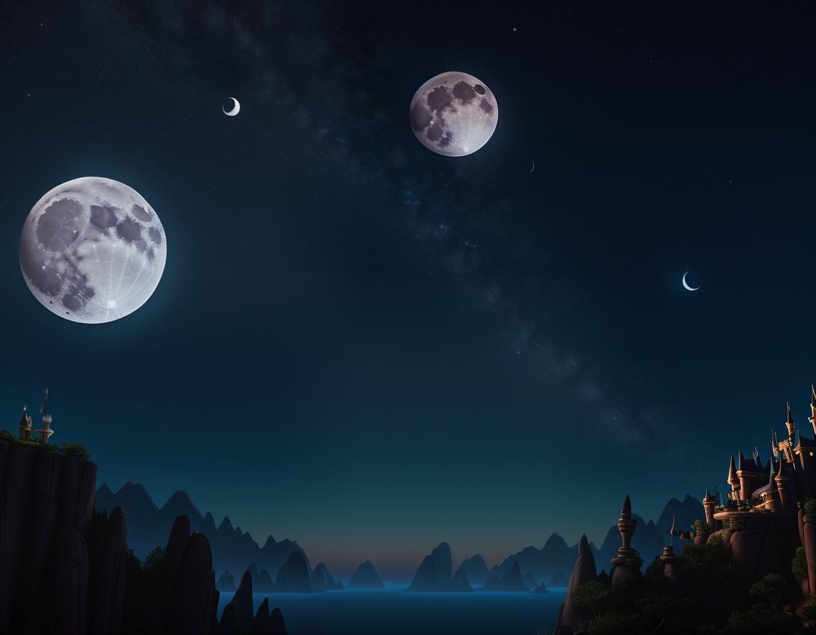  Disney cartoon style, a night sky with 4 moons, a new moon, a full moon, a first quarter moon, a third quarter moon, high quality, high details, HD, perfect composition, 4k epic detailed, highly detailed, sharp focus, high resolution