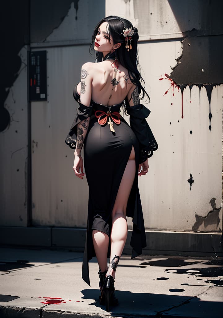  ((full body back shot Gothic geisha woman with pale skin and long black hair intricate Yakuza style tattoos and black bloody tears black splatters see less)),(), beautiful, high quality,masterpiece,extremely detailed,high res,4k,ultra high res,detailed shadow,ultra realistic,dramatic lighting,bright light