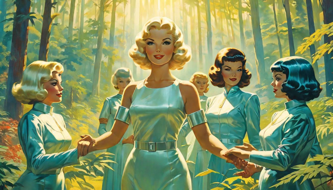  retro futuristic Group of large busted attractive arian female humanoids, in a circle, hands joined, radiating peace. Lush forest clearing, rays of sunlight filtering through, symbolizing harmony, shared moments of tranquility, reduction of conflict through unity. lvintage sci fi, 50s and 60s style, atomic age, vibrant, highly detailed