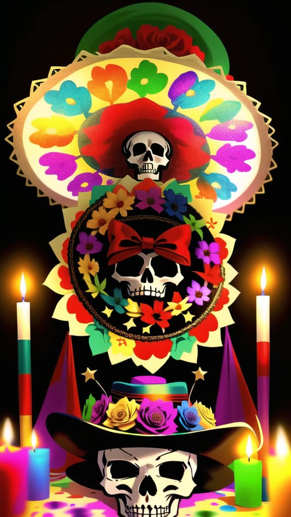  day of the dead, dia de los muertos, (sombrero hat), masterpiece, best quality, skull, (Mexican culture), traditional, celebration, festive, colorful, (Mexican festival paint), flowers, altar, candles, skeleton, spirits, Mexican holiday, vibrant, decorative, papel picado, festive makeup, cultural heritage, folk art, macabre, festive atmosphere