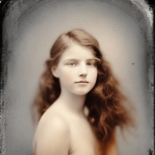 portrait+ style A portrait photo from the 1890s featuring a young woman👙holding a 🥒 in the style of jock sturges and David hamilton, The quality of the photo is consistent with 1890s cameras. The photo has yellowed over time, it has scratches and tears on its edges.