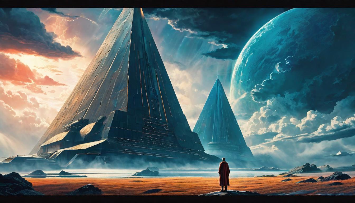  retro futuristic Noah alone in contemplation, ark in background, distant storm clouds gathering, an aura of misunderstood purpose and quiet resolve, the weight of destiny, a solitary path chosen lvintage sci fi, 50s and 60s style, atomic age, vibrant, highly detailed