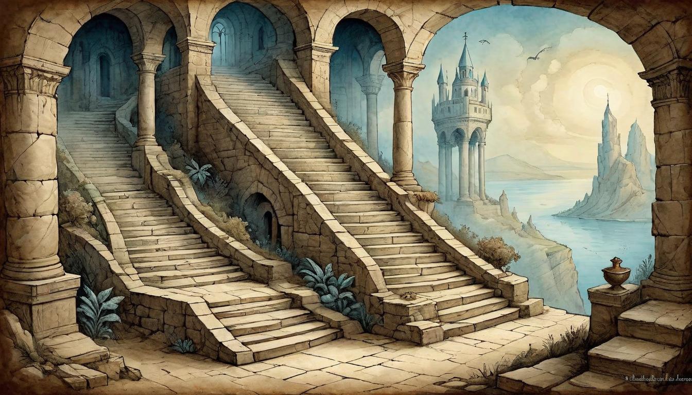  on parchment, surrealism+++, Weathered steps leading up to a significant height, each step marked with names and tales of trials, ascent of endurance, steps to wisdom, storied journey(mysterious, provocative, symbolic,muted color)+++