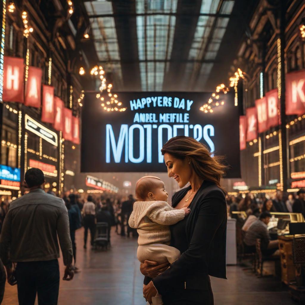  a mother and baby with overhead banner saying “happy mother’s day” with a stock market graph hyperrealistic, full body, detailed clothing, highly detailed, cinematic lighting, stunningly beautiful, intricate, sharp focus, f/1. 8, 85mm, (centered image composition), (professionally color graded), ((bright soft diffused light)), volumetric fog, trending on instagram, trending on tumblr, HDR 4K, 8K