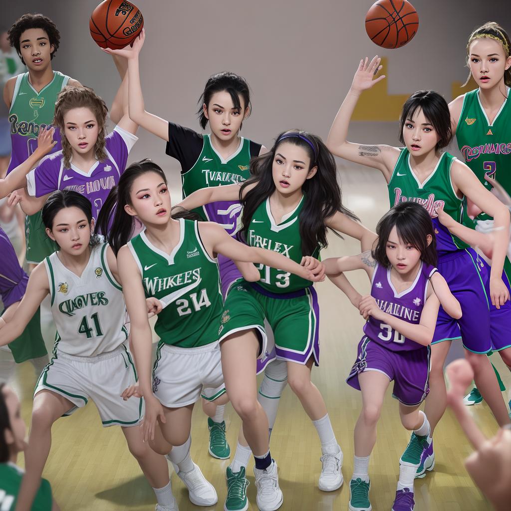  masterpiece, best quality, Frollick of fairies Dressed in a basketball jersey, tank top style top jersey, above knee bottom jersey, the jersey is for the team known as the Wolves, add bats to the jersey design. Wearing green and purple with gold trim sneakers on feet. Frollick of fairies as a basketball team. Pose like championship team. Basketball between the feet.Make all the players have the same color team jersey. Make some of the players more racially diverse and no facial hair to some. Change the hairstyles to be unique. with tribal tattoos. Make some players black, asain, white, and spanish. Make all the players into fairylike folk with diversity, attractive faces, Primarily female models for team, Use billie eilish type base as set 