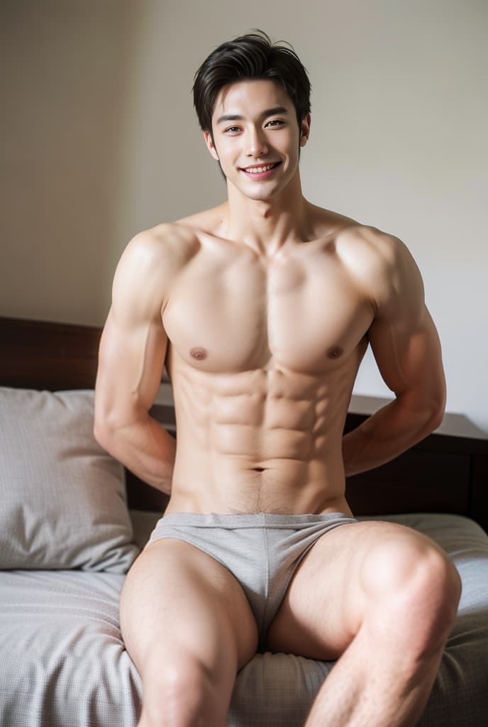  A tall, muscular, handsome young man sits and smiles., ADVERTISING PHOTO,high quality, good proportion, masterpiece , The image is captured with an 8k camera and edited using the latest digital tools to produce a flawless final result.