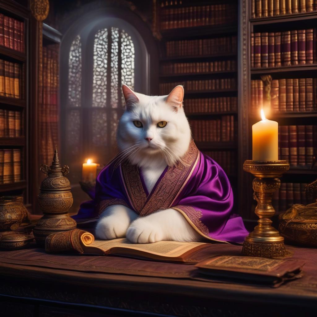  A fat white cat in a purple robe adorned with Eastern embroidery sits at the table reading an ancient folio. A candle burns on the table. Behind it, a bookshelf glows. hyperrealistic, full body, detailed clothing, highly detailed, cinematic lighting, stunningly beautiful, intricate, sharp focus, f/1. 8, 85mm, (centered image composition), (professionally color graded), ((bright soft diffused light)), volumetric fog, trending on instagram, trending on tumblr, HDR 4K, 8K