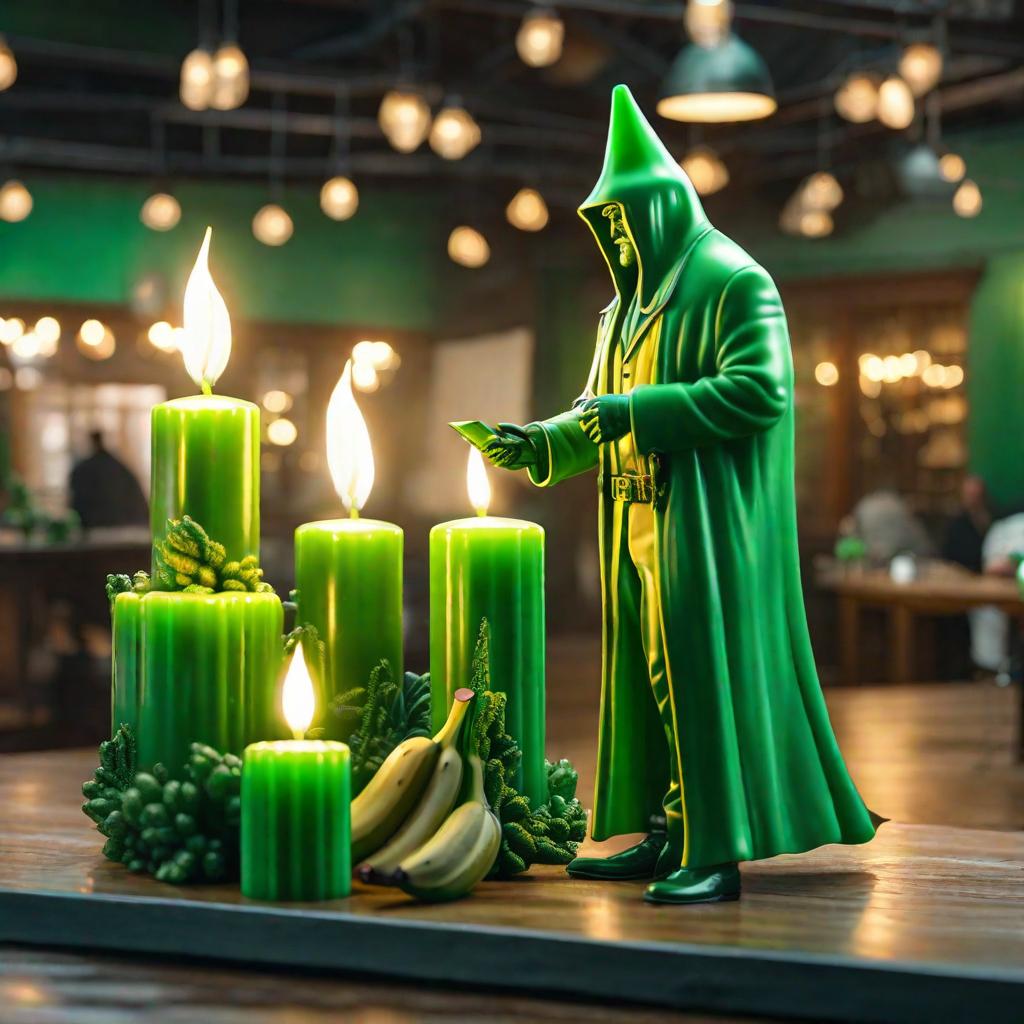  bananabot admires giant green candle hyperrealistic, full body, detailed clothing, highly detailed, cinematic lighting, stunningly beautiful, intricate, sharp focus, f/1. 8, 85mm, (centered image composition), (professionally color graded), ((bright soft diffused light)), volumetric fog, trending on instagram, trending on tumblr, HDR 4K, 8K