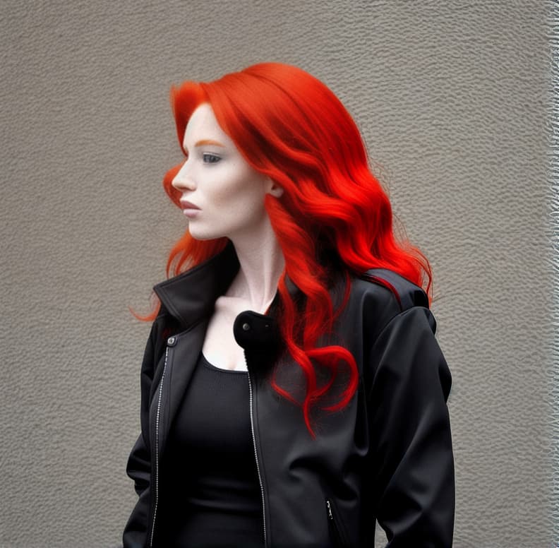  Woman with red hair and a black jacket