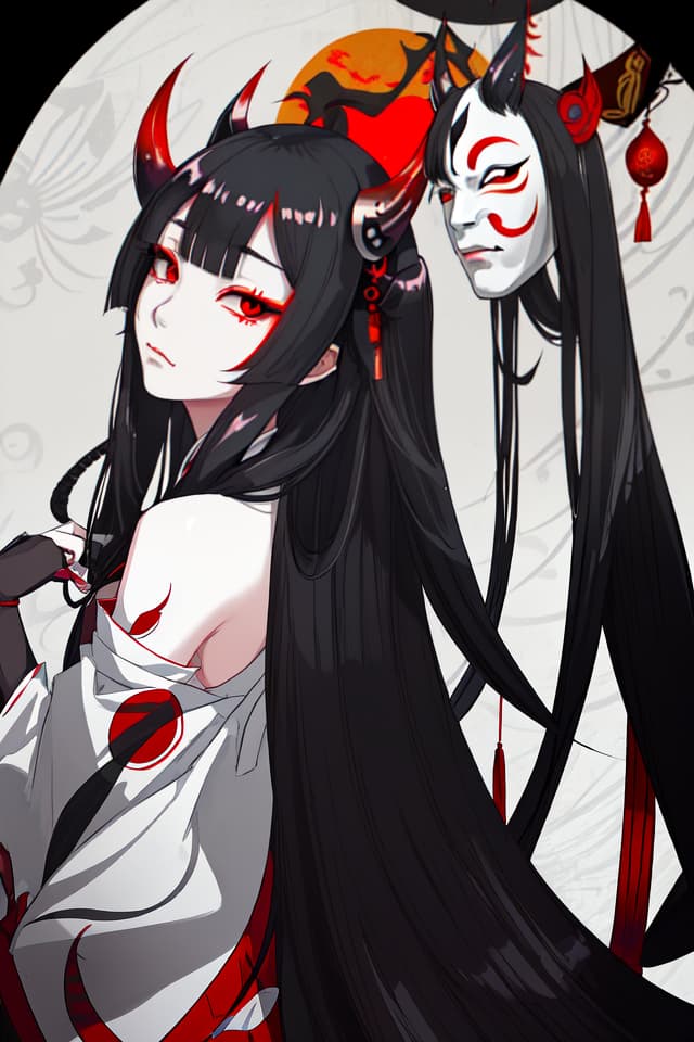  Long black hair, hanging, and Hannya's mask