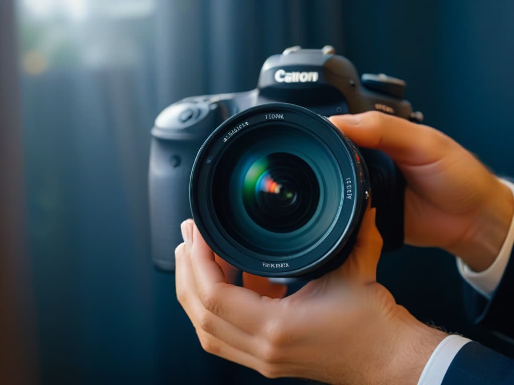  An ultradetailed photograph of a professional photographer's hands carefully adjusting the focus on a sleek camera lens, with soft natural light streaming in through a nearby window, casting a gentle glow on the intricate camera settings displayed on the screen. The photographer's hands are steady and confident, showcasing a deep level of concentration and expertise, capturing the essence of meticulous preparation before a photography contest. hyperrealistic, full body, detailed clothing, highly detailed, cinematic lighting, stunningly beautiful, intricate, sharp focus, f/1. 8, 85mm, (centered image composition), (professionally color graded), ((bright soft diffused light)), volumetric fog, trending on instagram, trending on tumblr, HDR 4K, 8K