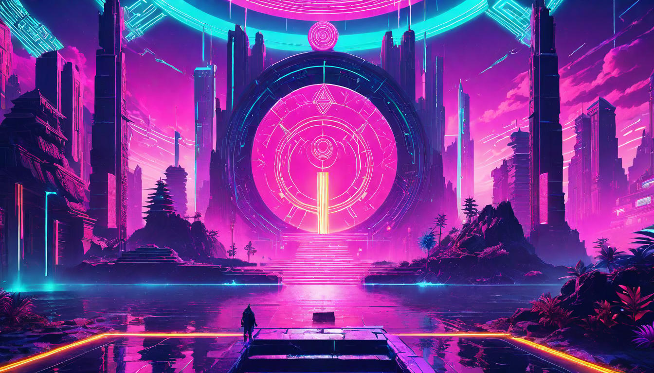  vaporwave,cyberpunk game style sacred rite, earth's strength, water's flow, glowing ritual circle, ancient runes, ethereal lighteon, dystopian, futuristic, digital, vibrant, detailed, high contrast, reminiscent of cyberpunk genre video games,retro aesthetic, cyberpunk, vibrant, neon colors, vintage 80s and 90s style, highly detailed