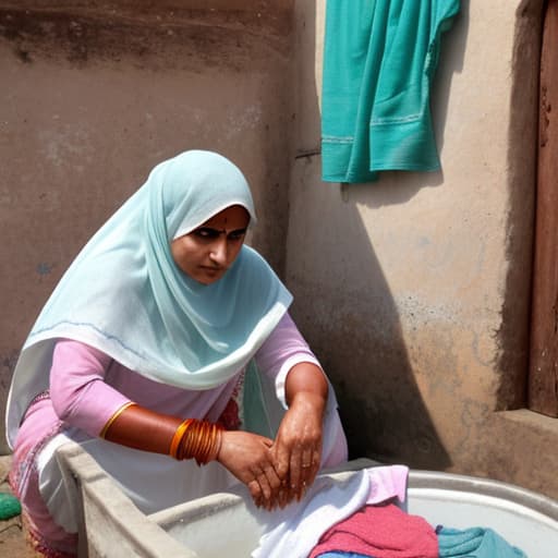  indian muslim women, beautiful face, washing cloth, in village