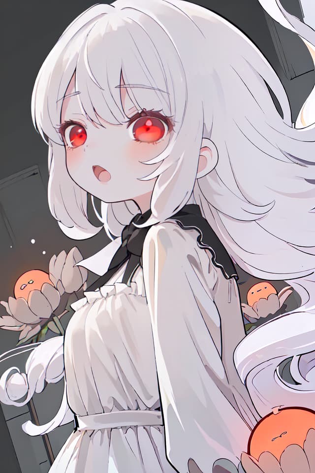  ultra detailed:1.2masterpiece:1.2,best quality,masterpiece,bestquality,hdr:1.1,8k:1.1,very cute girl:1.3,white hair:1.3,very long hair,volume hair:0.5,curly hair:1.4,red eyes,bad mood:1.1,sleepy eyes:1.1,dot open mouth:1.3,upper body:1.3,dutch angle,half closed eyes:1.6,upper body:1.1,from side