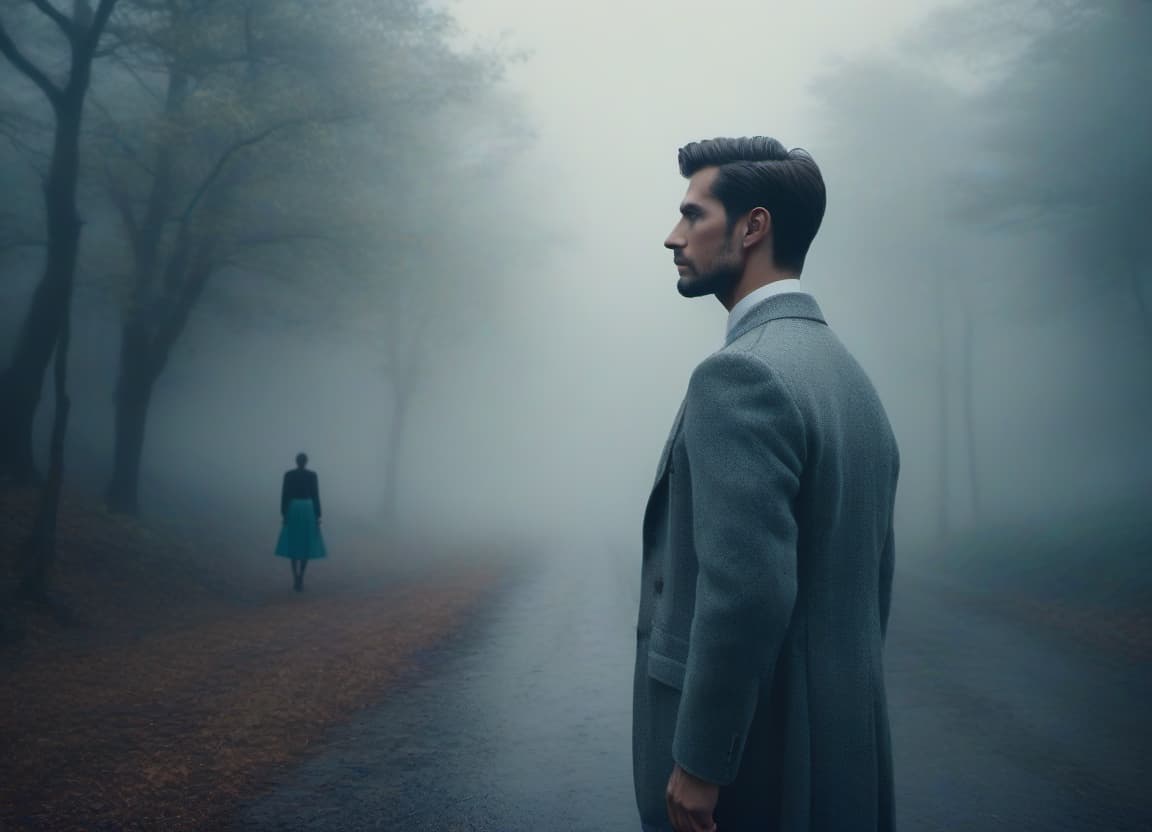  A man stands at a distance, a girl is silent. hyperrealistic, full body, detailed clothing, highly detailed, cinematic lighting, stunningly beautiful, intricate, sharp focus, f/1. 8, 85mm, (centered image composition), (professionally color graded), ((bright soft diffused light)), volumetric fog, trending on instagram, trending on tumblr, HDR 4K, 8K