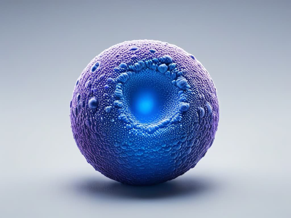  A minimalist, ultradetailed image of a single yeast cell under a highpowered microscope, showcasing its intricate structure and cellular components in vibrant detail. The cell is depicted in shades of blue and purple against a stark white background, highlighting its importance as the invisible powerhouse behind the magic of leavened baked goods. hyperrealistic, full body, detailed clothing, highly detailed, cinematic lighting, stunningly beautiful, intricate, sharp focus, f/1. 8, 85mm, (centered image composition), (professionally color graded), ((bright soft diffused light)), volumetric fog, trending on instagram, trending on tumblr, HDR 4K, 8K