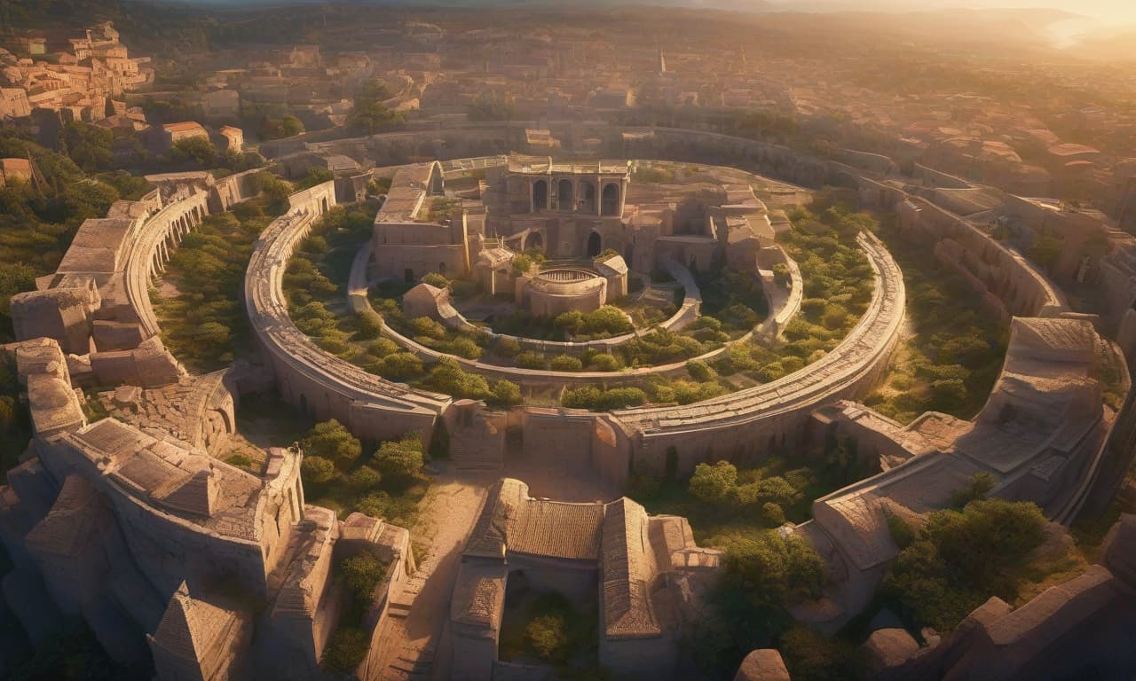  Vector image, 2D image, 2K picture, bird's eye view of a city, sunset on the horizon, League of Legends, background of Runic Wars, ancient stone city and solar eclipse, ancient Rome, stone houses, huge empty arena hyperrealistic, full body, detailed clothing, highly detailed, cinematic lighting, stunningly beautiful, intricate, sharp focus, f/1. 8, 85mm, (centered image composition), (professionally color graded), ((bright soft diffused light)), volumetric fog, trending on instagram, trending on tumblr, HDR 4K, 8K