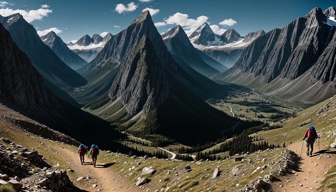  digital illustration, A mountain trail, two figures geared up for a hike, mid step capturing dynamism, backdrop of rugged terrain and scenic beauty, detailed landscape elements, sense of adventure and shared journey, looking at viewer, dynamic pose, (intricate details, masterpiece, best quality)