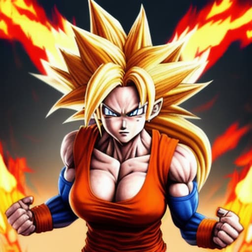  Female super sayan, red goku kostüm. Perfekt body. Sayan hair, fire eyes, fire hands, dead planet burn. 4k