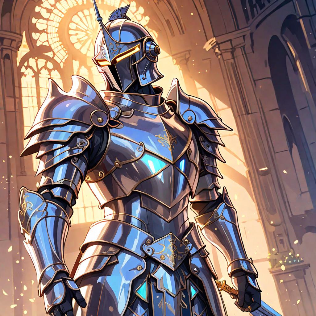  anime style artwork, (masterpiece:1.1), (highest quality:1.1), A stoic medieval knight dons a futuristic suit of armor, fusing the ancient and the modern. The armor's sleek, metallic exterior gleams in the sunlight, intricately detailed with glowing circuits and wires. The knight's helmet, adorned with a visor that displays holographic information, conceals his face as he gazes intently at the horizon, ready to defend his kingdom against any threat, old or new., anime style, key visual, vibrant, studio anime, highly detailed