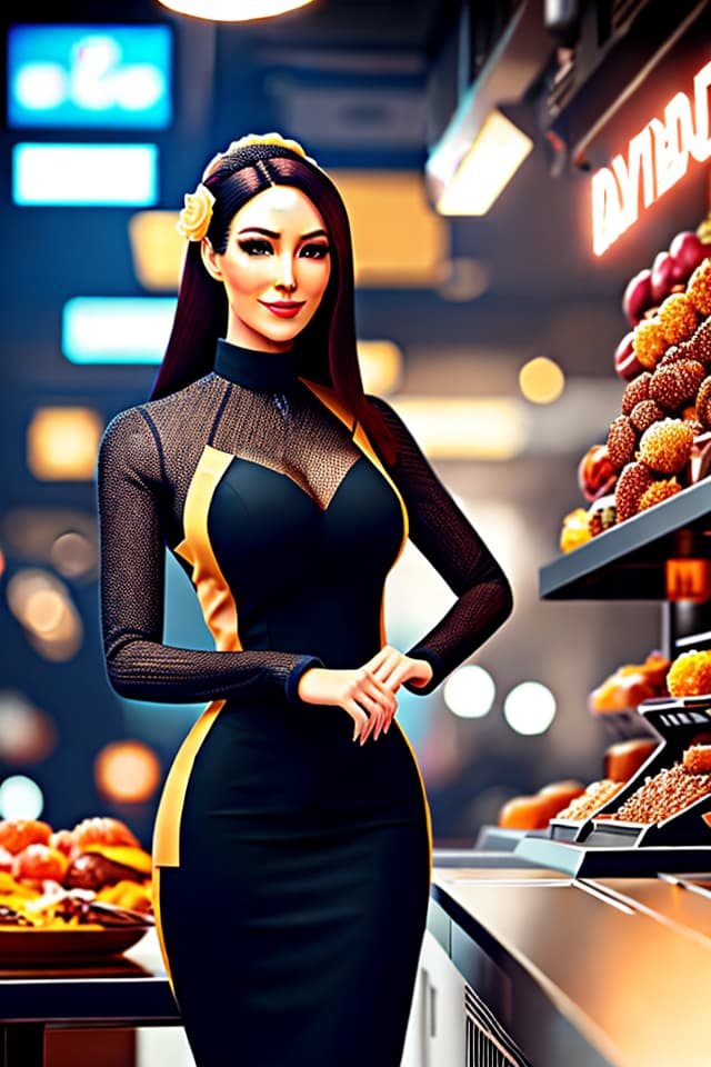  Realistic, full -body photos, cheerful, cashier, restaurant, diamond ring, high contrast hyperrealistic, full body, detailed clothing, highly detailed, cinematic lighting, stunningly beautiful, intricate, sharp focus, f/1. 8, 85mm, (centered image composition), (professionally color graded), ((bright soft diffused light)), volumetric fog, trending on instagram, trending on tumblr, HDR 4K, 8K