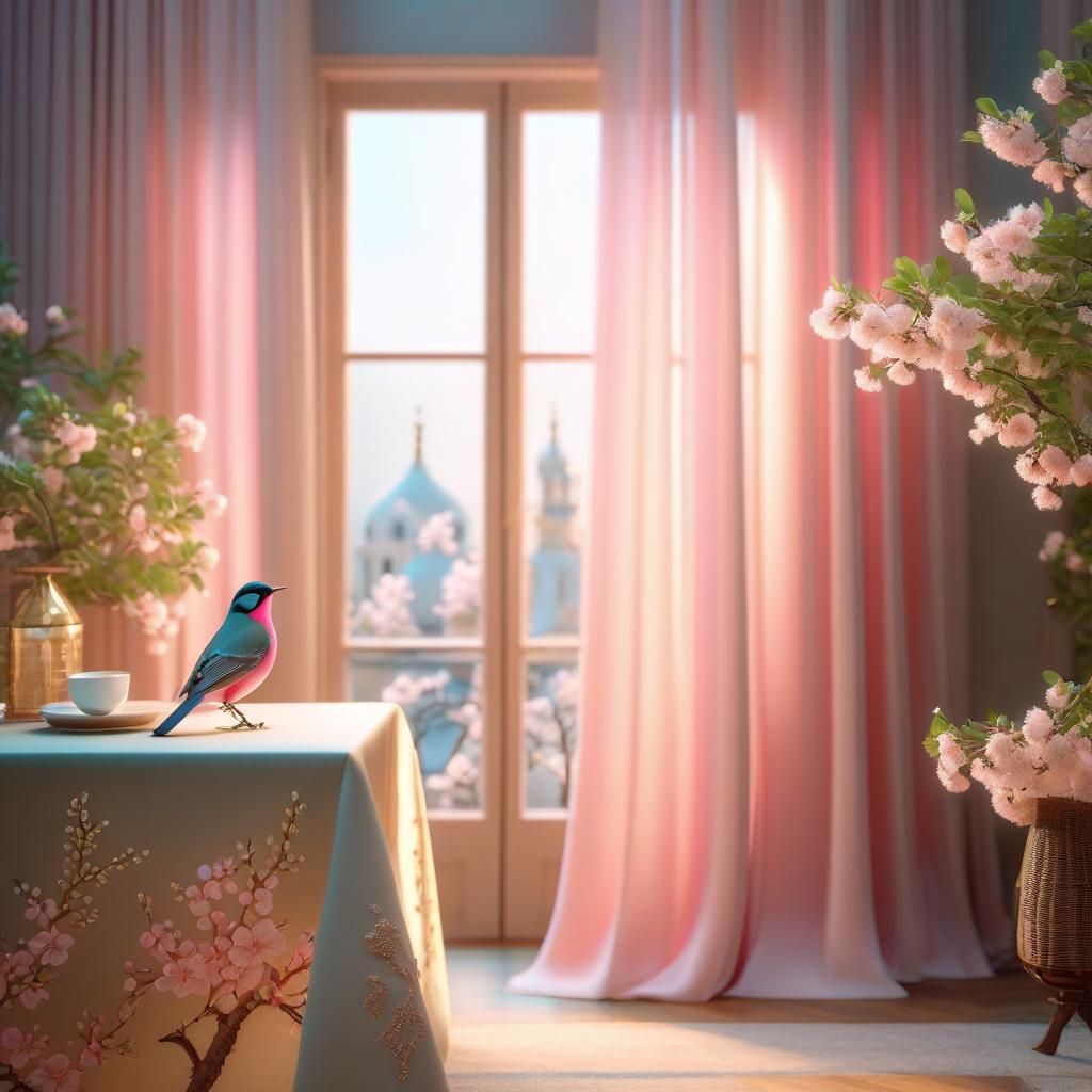  (Background):summer evening. (Interior) Window with pink curtains. Table on the table is a table lamp with a lampshade. (Table lamp design):The leg of the table lamp is made in the shape of a sakura trunk. There are small birds sitting on the branches. The lamp shade is gold coloured Empire style with white and pink cherry blossoms and flying petals embroidered on it. hyperrealistic, full body, detailed clothing, highly detailed, cinematic lighting, stunningly beautiful, intricate, sharp focus, f/1. 8, 85mm, (centered image composition), (professionally color graded), ((bright soft diffused light)), volumetric fog, trending on instagram, trending on tumblr, HDR 4K, 8K