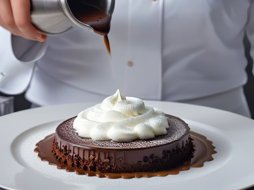  A closeup, ultradetailed image of a glossy, perfectly smooth chocolate emulsion being drizzled onto a delicate, airy foam in a sleek, modern kitchen setting. The contrast between the dark, rich emulsion and the light, fluffy foam creates a visually striking and appetizing composition, highlighting the elegance and precision of molecular gastronomy techniques. hyperrealistic, full body, detailed clothing, highly detailed, cinematic lighting, stunningly beautiful, intricate, sharp focus, f/1. 8, 85mm, (centered image composition), (professionally color graded), ((bright soft diffused light)), volumetric fog, trending on instagram, trending on tumblr, HDR 4K, 8K