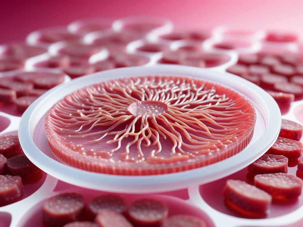  An ultradetailed closeup image of a petri dish containing labgrown meat cells, showcasing the intricate network of muscle fibers being cultivated in a futuristic laboratory setting. The vibrant hues of pink and white cells contrast against the sterile metallic backdrop, emphasizing the scientific precision and innovation behind sustainable meat production. The image captures the essence of cuttingedge technology merging with ecoconscious practices, symbolizing the future of veganism and food sustainability. hyperrealistic, full body, detailed clothing, highly detailed, cinematic lighting, stunningly beautiful, intricate, sharp focus, f/1. 8, 85mm, (centered image composition), (professionally color graded), ((bright soft diffused light)), volumetric fog, trending on instagram, trending on tumblr, HDR 4K, 8K