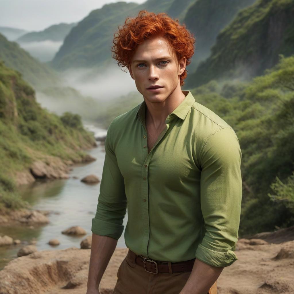  Man, fair skin, Hazel eyes, Red hair, Curly hair, Short hair, Fantasy, yellow green shirt, freckles, moles, Stubble, freckles, freckled hyperrealistic, full body, detailed clothing, highly detailed, cinematic lighting, stunningly beautiful, intricate, sharp focus, f/1. 8, 85mm, (centered image composition), (professionally color graded), ((bright soft diffused light)), volumetric fog, trending on instagram, trending on tumblr, HDR 4K, 8K