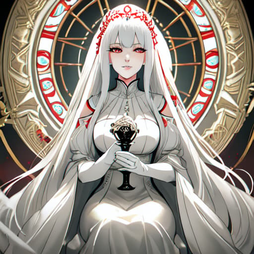  a girl manhua character with white hair and red eyes with white skin wearing noble dress and siting on the throne hyperrealistic, full body, detailed clothing, highly detailed, cinematic lighting, stunningly beautiful, intricate, sharp focus, f/1. 8, 85mm, (centered image composition), (professionally color graded), ((bright soft diffused light)), volumetric fog, trending on instagram, trending on tumblr, HDR 4K, 8K