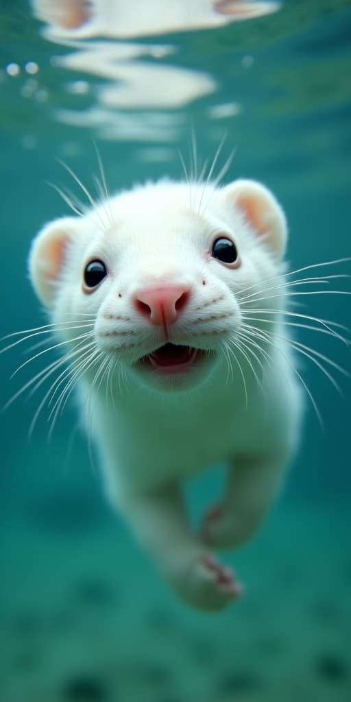  good quality, high quality, a white ferret swims underwater, looking directly at the camera with a playful expression