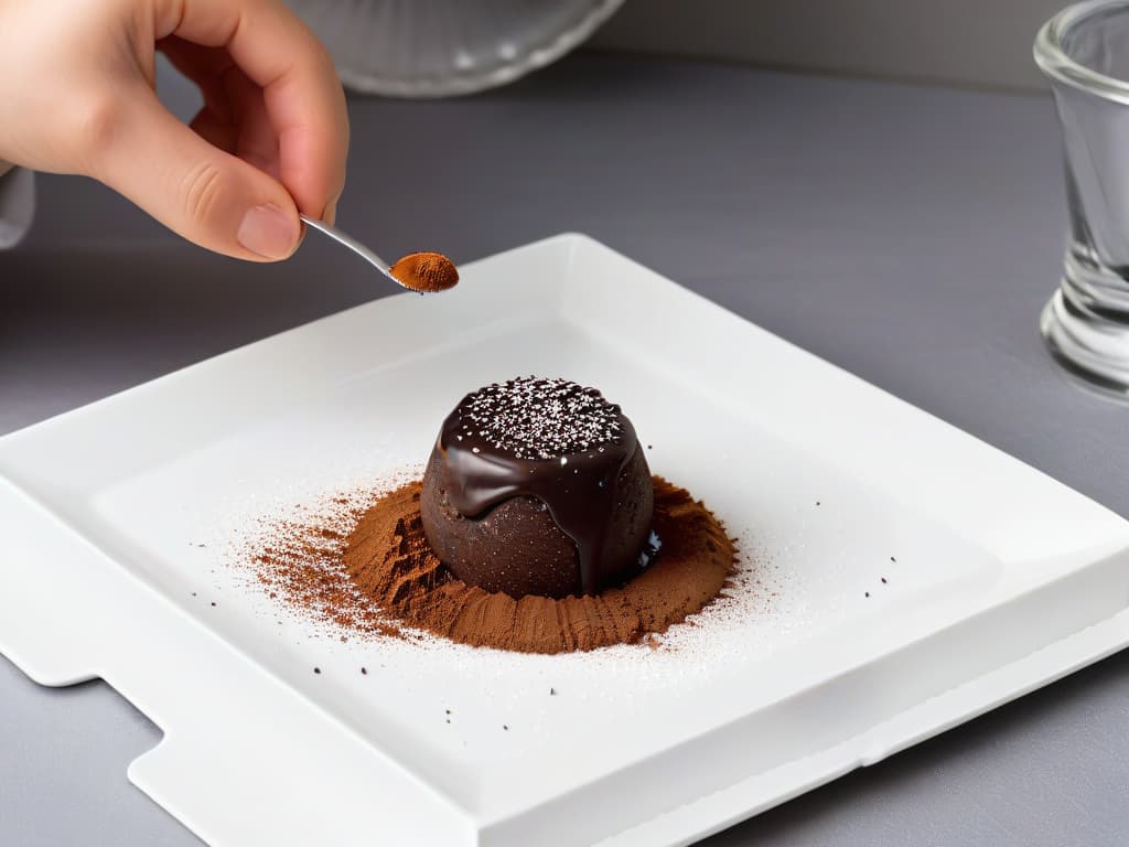  A closeup, ultradetailed image of a hand sprinkling cocoa powder on a perfectly crafted artisanal chocolate truffle, sitting on a sleek, modern white plate. The contrast between the rich brown cocoa powder, the smooth dark chocolate truffle, and the pristine white plate creates a visually striking and minimalist composition that exudes elegance and craftsmanship. hyperrealistic, full body, detailed clothing, highly detailed, cinematic lighting, stunningly beautiful, intricate, sharp focus, f/1. 8, 85mm, (centered image composition), (professionally color graded), ((bright soft diffused light)), volumetric fog, trending on instagram, trending on tumblr, HDR 4K, 8K