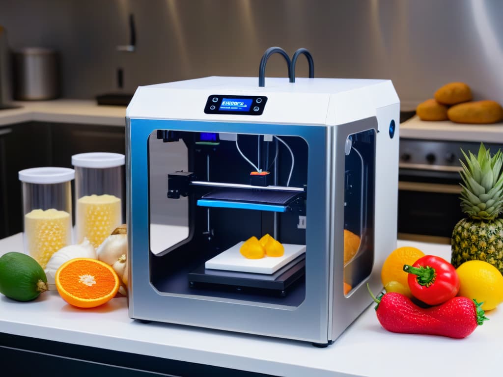  A detailed photorealistic image of a modern 3D printer in a sleek kitchen setting, producing intricate and delicate food items like fruits and vegetables with precision. The printer is surrounded by fresh, organic ingredients, emphasizing the concept of food safety and innovation in the culinary world. The lighting is soft, accentuating the intricate details of the printed food items and creating a visually captivating scene that conveys a sense of professionalism and inspiration in the realm of 3Dprinted food and food safety. hyperrealistic, full body, detailed clothing, highly detailed, cinematic lighting, stunningly beautiful, intricate, sharp focus, f/1. 8, 85mm, (centered image composition), (professionally color graded), ((bright soft diffused light)), volumetric fog, trending on instagram, trending on tumblr, HDR 4K, 8K