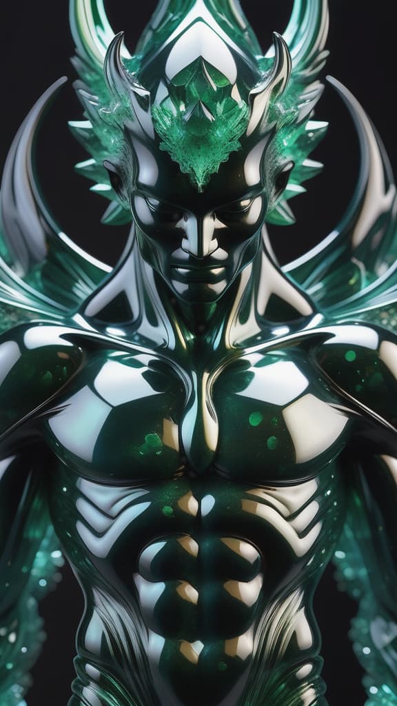  Ultra detailed shot of a dark sculpture made out of emerald obsidian and dark matter, incredible sculpture of a unique creature, 3D render, translucent skin with subsurface scatter, endlessly fractal, aura melting dimension, light reflection on crystal of the sculpture, art by Mschiffer, human shape, genderless