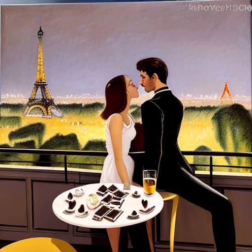  attractive young Parisian couple dressed in modern designer outfits who are romantically together in Paris. Foreground a small plate of fine dark chocolate pieces of candy on a bedside table. Background night with a lite Eiffel Tour Monument. Painting style of Edgar Degas