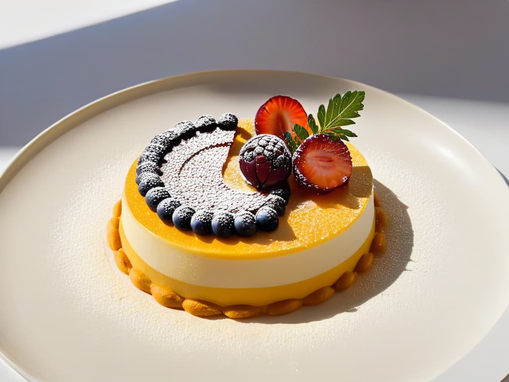  An ultradetailed closeup image of a delicate, intricate dessert created by Jordi Roca, showcasing a blend of traditional and innovative pastry techniques. The dessert is elegantly presented on a minimalist, modern plate, with subtle artistic garnishes enhancing its visual appeal. The focus is on the exquisite textures, colors, and precise details of the dessert, highlighting the mastery and creativity of Jordi Roca in the realm of pastry art. hyperrealistic, full body, detailed clothing, highly detailed, cinematic lighting, stunningly beautiful, intricate, sharp focus, f/1. 8, 85mm, (centered image composition), (professionally color graded), ((bright soft diffused light)), volumetric fog, trending on instagram, trending on tumblr, HDR 4K, 8K