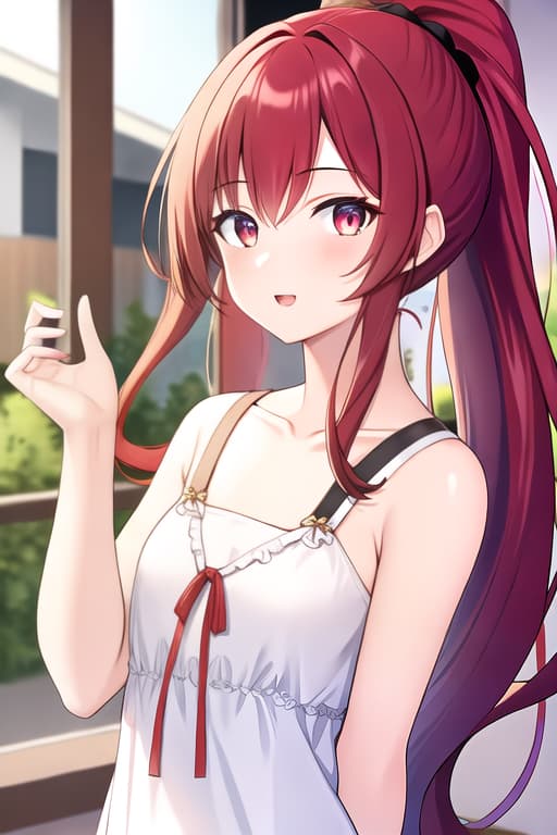  A high quality image of a beautiful small chested girl with long ponytail dark red hair and detailed amber coloured eyes wearing