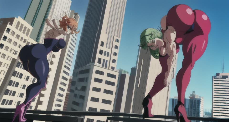  4k, Anime , 4k,shonen Anime, character who has muscles, good martial arts abilities, and some type of ability to enhance their strength, include other prompt instructions , tatsumaki view from behind, toned curvy legs, huge ass, walking pose, bare legs, heels, city background, bending over a balcony, insanely inflated hips