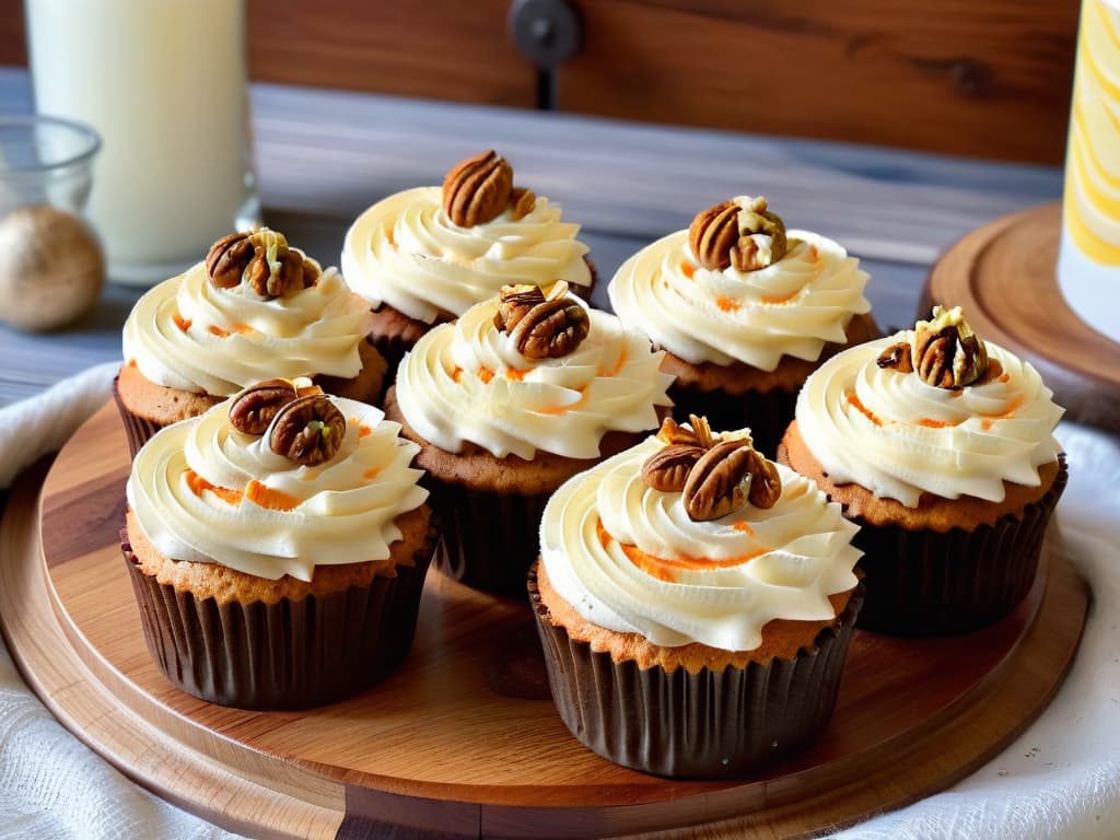  A photorealistic image of a freshly baked batch of carrot and walnut cupcakes, displayed on a rustic wooden table. The cupcakes are topped with swirls of cream cheese frosting, sprinkled with chopped walnuts and grated carrot for decoration. Sunlight streams in from a nearby window, casting a warm, inviting glow on the delicious treats, emphasizing their moist texture and rich flavors. The background showcases a cozy kitchen setting with hints of autumn through subtle decor elements like pumpkins and fallen leaves. hyperrealistic, full body, detailed clothing, highly detailed, cinematic lighting, stunningly beautiful, intricate, sharp focus, f/1. 8, 85mm, (centered image composition), (professionally color graded), ((bright soft diffused light)), volumetric fog, trending on instagram, trending on tumblr, HDR 4K, 8K