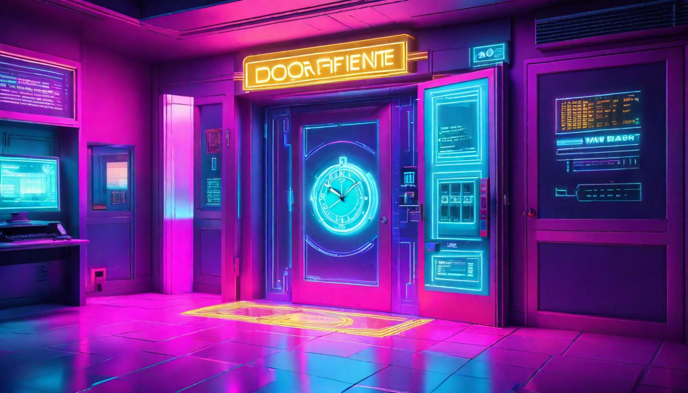  vaporwave,cyberpunk game style Locked office door with a clock showing the end of work hours, emphasizing adherence to set boundaries. Door solid, clock unyielding, mood of firmness, aura of responsibility.eon, dystopian, futuristic, digital, vibrant, detailed, high contrast, reminiscent of cyberpunk genre video games,retro aesthetic, cyberpunk, vibrant, neon colors, vintage 80s and 90s style, highly detailed