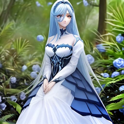  garota de cabelos mechas azul preto e branco longos com vestido branco na floresta com rosas brancas e vermelhas