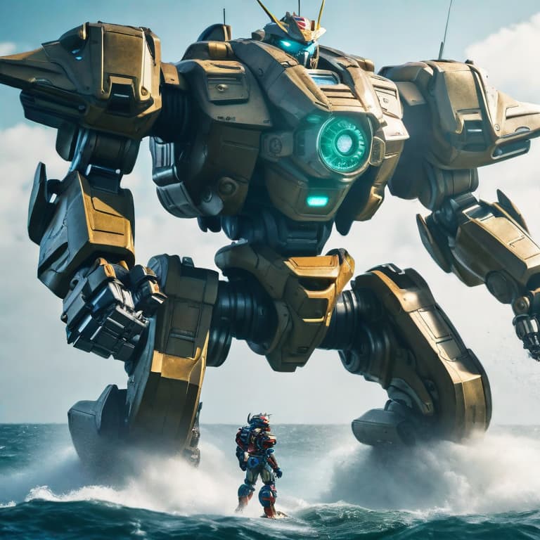  Giant mecha fighting a sea monster hyperrealistic, full body, detailed clothing, highly detailed, cinematic lighting, stunningly beautiful, intricate, sharp focus, f/1. 8, 85mm, (centered image composition), (professionally color graded), ((bright soft diffused light)), volumetric fog, trending on instagram, trending on tumblr, HDR 4K, 8K