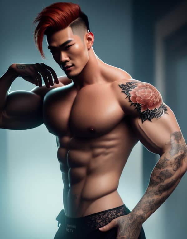  muscle, tattooed Chinese beautiful boy with white lace and orange hair, lifting his in hill， whole dorsal body，chest hair hyperrealistic, full body, detailed clothing, highly detailed, cinematic lighting, stunningly beautiful, intricate, sharp focus, f/1. 8, 85mm, (centered image composition), (professionally color graded), ((bright soft diffused light)), volumetric fog, trending on instagram, trending on tumblr, HDR 4K, 8K